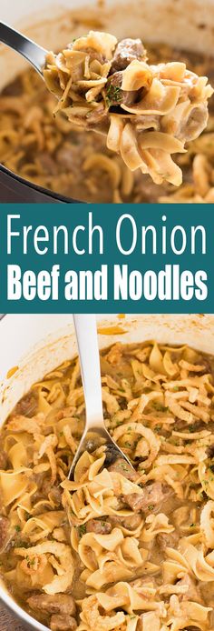 french onion beef and noodle soup in a pot with a ladle full of noodles