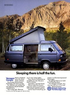 an advertisement for the vw camper van with mountains in the backgroud