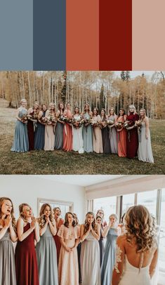 the bride and her bridal party are all dressed in long dresses with different colors