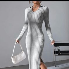 Brand New And Never Worn Knit Bodycon Dress, Outfit Invierno, Gowns With Sleeves, Career Dress, Long Sleeve Jersey, Mini Shift Dress, Polka Dot Dress, Winter Dresses, Denim Top