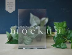 an acrylic mockup with leaves and plants on the table next to it