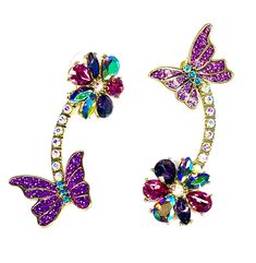 "Betsey Johnson EARRINGS Dangle Drop Butterfly Flower Crystal Stone Stud Posts - NEW Condition Without Price Tags! Details Size: 2.25\" Long x 3/4\" Wide Closure: Stud Posts Color: Multi Color, Purple, Green, Blue, Aurora Borealis, Pink Gold Sparkle Signed: \"BJ\", Betsey Johnson NEW Condition, Designer Signed Great Gift for Him or Her - or For Yourself! Thank You! We will ship your order immediately upon receipt of payment. For your convenience, we do combine shipping and often discounts on mul Betty Johnson, Blue Aurora Borealis, Blue Aurora, Ear Drops, Betsey Johnson Earrings, Casual Rings, Vintage Betsey Johnson, Flower Crystal, Druzy Quartz