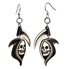 Made In U.S.A Grim Reaper Earrings #1820 Size approx. 1.7" x 1" Fun fact - It is believed that the Grim Reaper is based on the Greek god Chronos, also known as Father Time Laser-cut wood Stained with water-based dye Ear wires are silver-finished 304L stainless steel, hypoallergenic, and enhanced with a new, smooth and consistent electrophoretic coating that resists tarnishing. CHECK OUT THE REST OF OUR EARRINGS!! :) - http://www.etsy.com/shop/GreenTreeJewelry Gear Earrings, Black Basket, Steampunk Earrings, Botanical Earrings, Spooky Gifts, Bamboo Earrings, Western Earrings, Animal Earrings, Holiday Earring