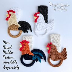 crocheted chicken headbands are shown in four different colors and sizes, with the rooster on each side