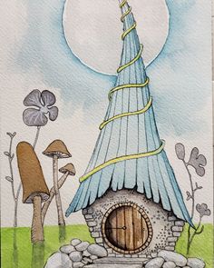 a drawing of a mushroom house in the woods