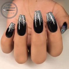 Black And Silver Nails, Faded Nails, Black Nails With Glitter, Nails With Glitter, Unghie Sfumate, Black G, Black Acrylic Nails, Silver Nail