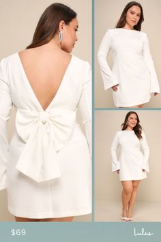 Make your debut in style with the Lulus Elegant Cutie Ivory Bow Long Sleeve Backless Mini Dress! This ultra-chic dress has a slightly stretchy woven composition that shapes an elegant boat neckline and a princess-seamed bodice, all framed by long, bell-style sleeves. High, fitted waist sits atop a figure-skimming bodycon skirt that ends at a mini hem. Turn around to reveal an open back design that finishes with an oversized bow detail. Hidden side zipper/clasp. Fit: This garment fits true to siz Mini Dress Backless, Mini Dress With Bow, Dress Backless, Lulu Fashion, Bodycon Skirt, Backless Mini Dress, Body Con Skirt, Boat Neckline, Dress With Bow