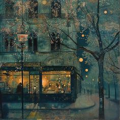 a painting of a store on a city street at night