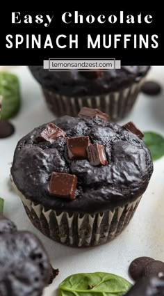 chocolate cupcakes with mint sprinkles and text overlay that reads easy chocolate spinach muffins