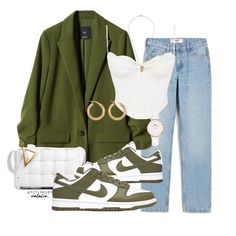 Suit With Dunks Women, How To Dress Up Nike Dunks, Outfit Ideas Dunk Low, Nike Dunks With Blazer Outfit, Green Blazer Looks For Women, Green Birthday Outfit Women, Dunks And Blazer Outfit, Olive Green Nike Dunks Outfit, Green Nike Dunks Outfit Woman