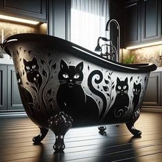 an ornate bathtub with cats painted on it