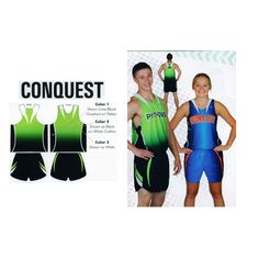 two people in swimsuits and one is holding a bottle with the word conquer on it