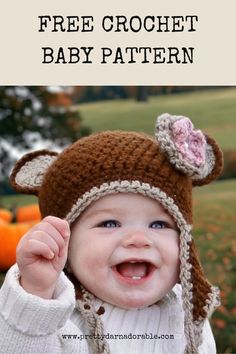 a baby wearing a crochet hat with the words free crochet baby pattern