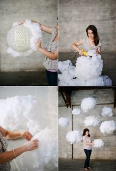 a woman is holding cotton balls in her hands