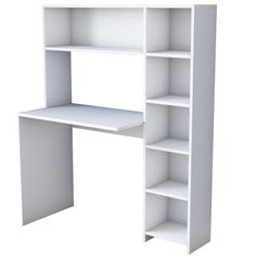 a white desk with shelves on the bottom and one shelf open to reveal an object