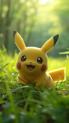 a pikachu is sitting in the grass with its eyes wide open and smiling