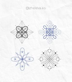 four different designs on white paper with the words qznevela as above them