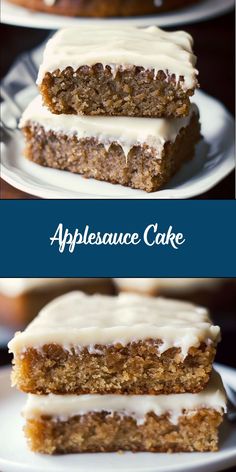 two slices of cake with white frosting on top and one slice cut in half