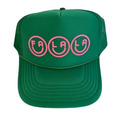 Fa La La Trucker Hat Spreading the Holiday Cheer! This his or hers trucker is part of our Holiday Collection. Cute and perfect for all your Holiday events. So light, medium profile and a perfect addition to your growing hat collection. 5 Panel Foam Mesh Back Trucker, Pro Style Adult Sizing 100% Poly Foam Front, 100% Nylon Back Green Adjustable Trucker Hat With Curved Bill, Adjustable Green Trucker Hat With Curved Bill, Adjustable Green 5-panel Trucker Hat, Spring Green Trucker Hat With Curved Bill, Green Curved Bill Trucker Hat For Spring, Green Trucker Hat With Curved Brim, Green Fun Snapback Trucker Hat, Retro Green Trucker Hat With Curved Brim, Fun Green Snapback Trucker Hat