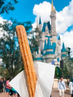 a close up of a person holding food in front of a castle at disney world