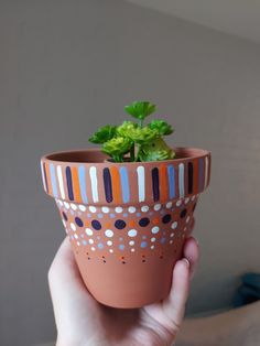 a hand holding a potted plant with polka dots and green plants in it's center