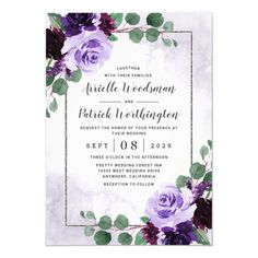 wedding card with purple flowers and greenery on the front, in watercolor style