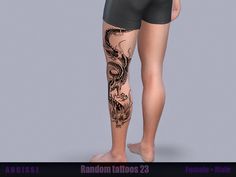 a woman's leg with tattoos on it and an arm tattoo in the shape of a dragon