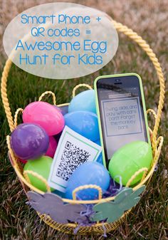 an easter basket filled with colorful eggs and qr code on the phone for kids