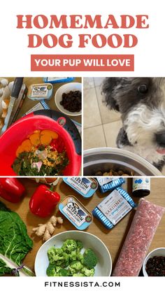 a collage of pictures with dog food in bowls and the words homemade dog food your pup will love