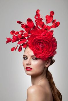 Red Fascinator, Red Hat Society, Victoria Secret Models, Flowers In Her Hair, Kentucky Derby Hats