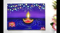 a painting of a lit candle floating on water with flowers in the foreground and string lights above it