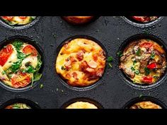 an overhead view of several muffin tins filled with different types of breakfast foods