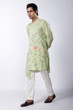 Light green silk mulmul kurta with floral, thread and sequins hand embroidery. Comes with ivory cotton pant pyjama - Aza Fashions Unstitched Pista Green Kurta For Spring, Green Embroidered Chanderi Bandhgala, Traditional Resham Embroidered Bandhgala For Spring, Green Long Sleeve Cotton Churidar, Green Cotton Silk Sherwani With Zari Work, Pista Green Chanderi Kurta With Floral Embroidery, Pista Green Cotton Churidar With Long Sleeves, Green Chanderi Bandhgala With Dabka Work, Green Chanderi Bandhgala With Dabka Details