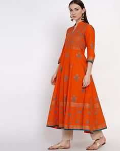 Product Features:   Color: Orange Fabric: Blended Cotton Pattern: Block Print Style Type: Anarkali Sleeve Length: 3/4th Sleeve Sleeve Type: Bell Sleeve Neckline: Collar Fitting: No Darts Length: Ankle length No of Component: 1 Anarkali Kurta Product Weight: 300 Gram Wash Care: Hand wash separately Disclaimer: There will be slight difference in Digital to actual Image Semi-stitched Ankle-length Kurta With Printed Motifs, Ankle-length Semi-stitched Kurta With Printed Motifs, Festive Ankle-length Kurta With Printed Motifs, Ankle-length Traditional Wear With Printed Motifs, Festive Ankle-length Printed Kurta, Anarkali Kurta With Printed Motifs, Ankle-length, Ankle-length Anarkali Kurta With Printed Motifs, Semi-stitched Cotton Kurta Ankle-length, Anarkali Churidar For Puja With Long Sleeves