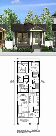 two story house plan with 3 bedroom and 2 bathrooms in the front, an open floor plan