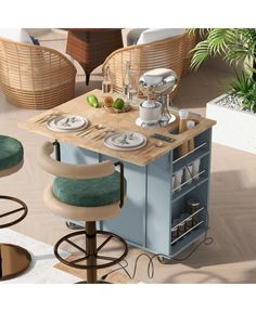 a kitchen island with two stools in front of it and plates on the counter