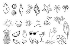 a black and white drawing of different types of beach related items on a white background