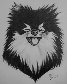 a black and white drawing of a dog's face with its mouth open, smiling