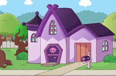 a cartoon house in the middle of a street