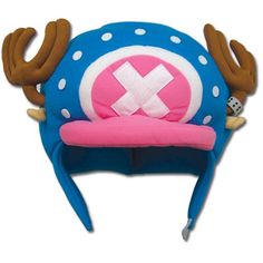 a blue and pink beanie hat with horns on it's head, sitting in front of a white background