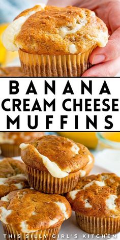 banana cream cheese muffins are stacked on top of each other with the title above it