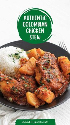 a black plate topped with chicken and rice next to a green sign that says authentic colombian stew