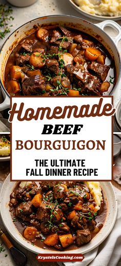 the ultimate beef bourgugon recipe is shown in front of other dishes and utensils