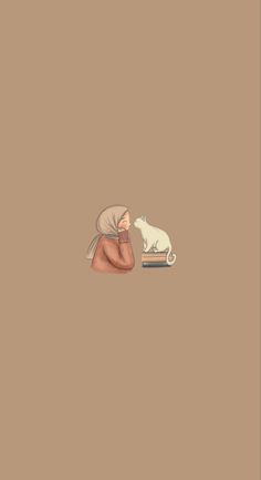 a woman with her head in her hands next to a white cat on a brown background