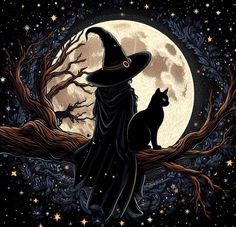 a witch and her cat sitting on a tree branch in front of the full moon