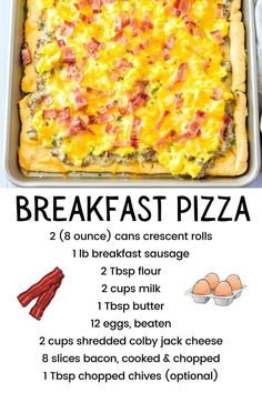 the recipe for breakfast pizza is shown in an image with instructions on how to make it