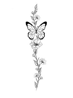 a black and white drawing of a butterfly on a flower