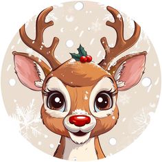 a cartoon deer wearing a christmas hat with holly berries on it's antlers