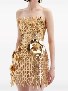 Luxury Strapless Dress, Luxury Strapless Evening Dress, Fitted Gold Silk Mini Dress, Gold Sequined Strapless Mini Dress, Gold Strapless Mini Dress With Sequins, Gold Strapless Sequin Mini Dress, Luxury Gold Sleeveless Dress, Gold Silk Mini Dress For Evening, Luxury Strapless Spring Dresses