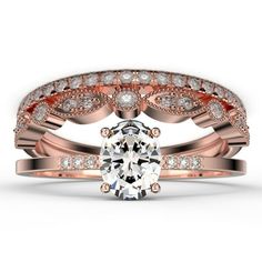 a rose gold and white diamond wedding set